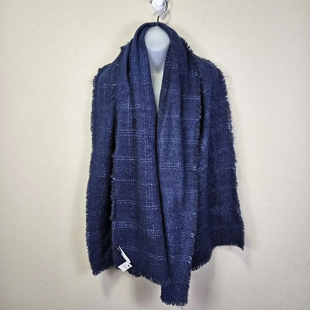 Talbots Metallic Windowpane Plaid Wrap Womens Large Scarf Sapphire Blue Fringed
